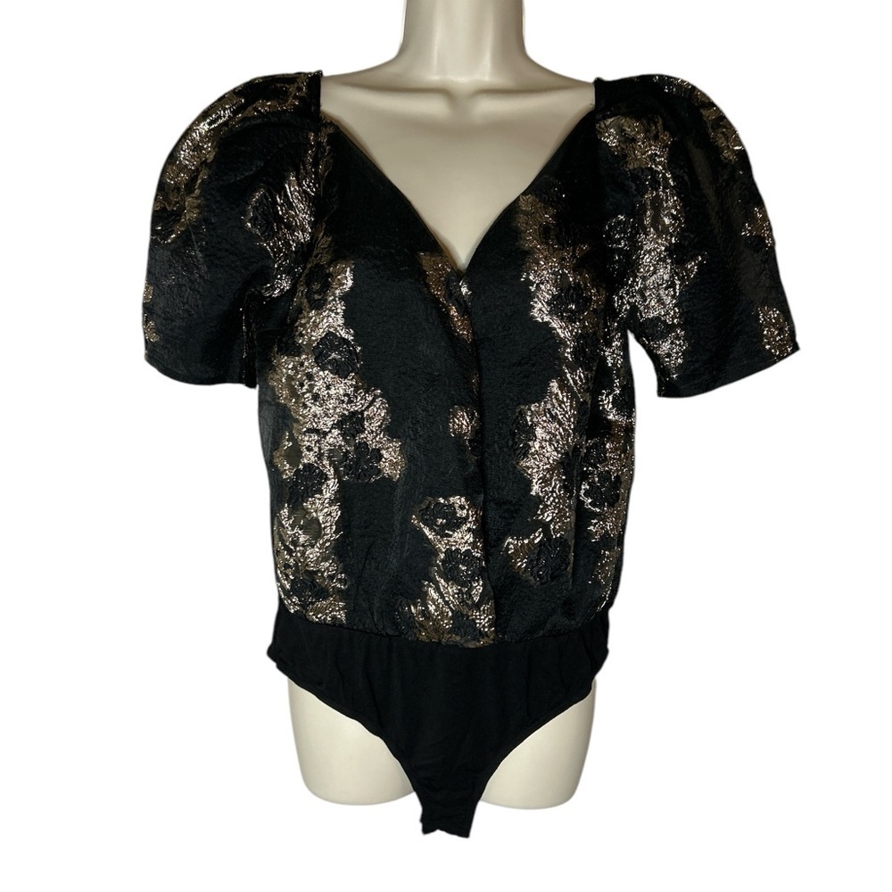 Buddy Love Black Tan Fitted Embellished Bodysuit Blouse Sz S - Picture 5 of 11